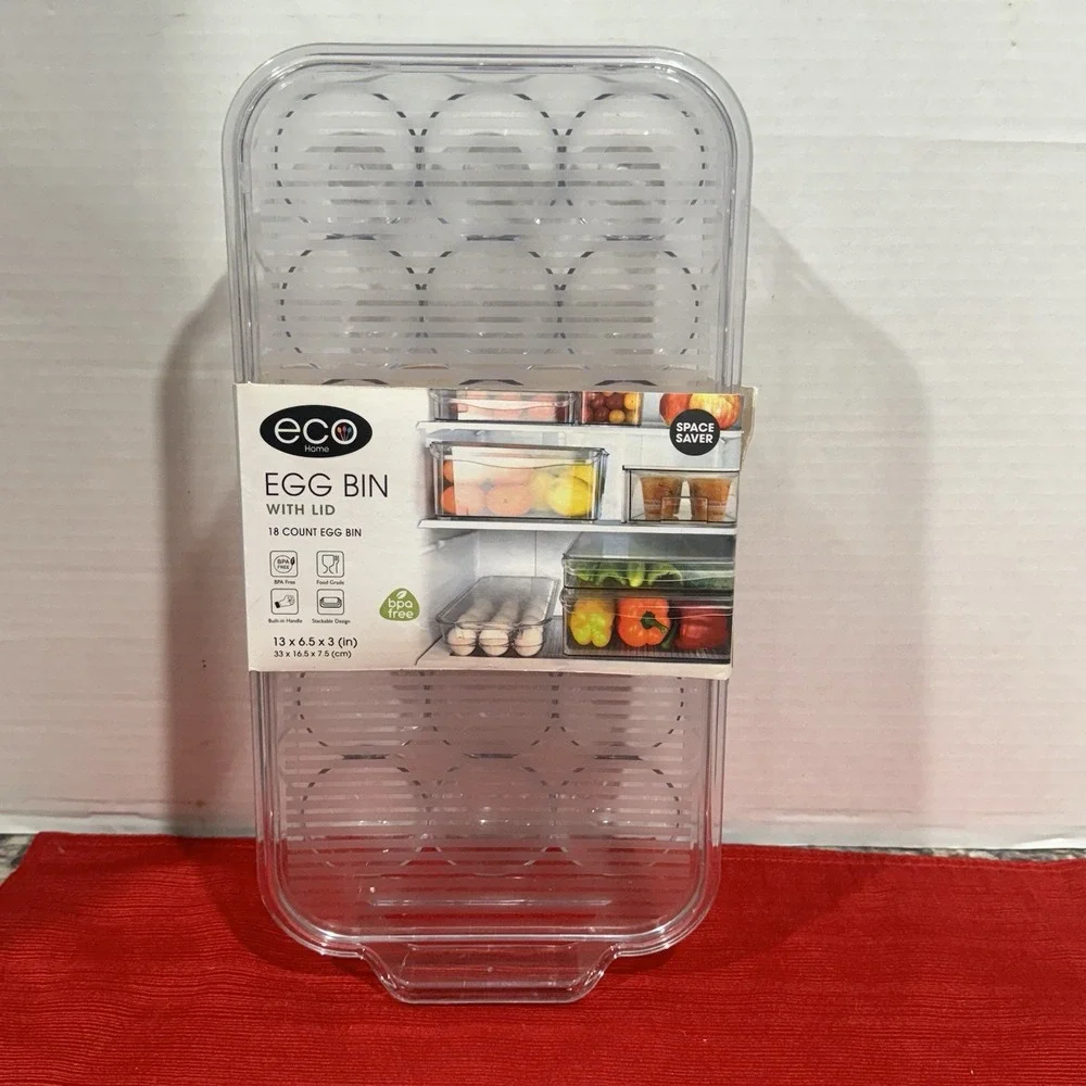 Eco Home Egg Bin With‎ Lid, 18 Count Egg Holder, BPA Free New